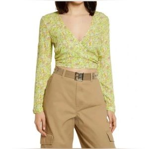Nordstrom BP. Green Hannah Kate Surplice V Neck Floral Crop Top